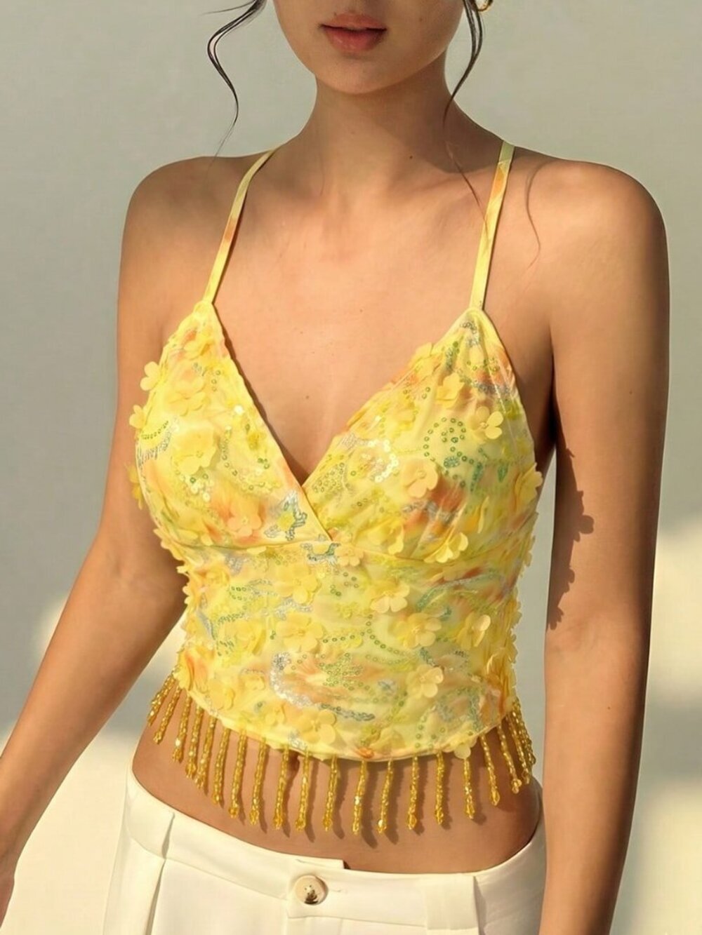 Yellow Boho Women's 3d Floral Decor Fringe Hem Camisole Top - Picture 7 of 7
